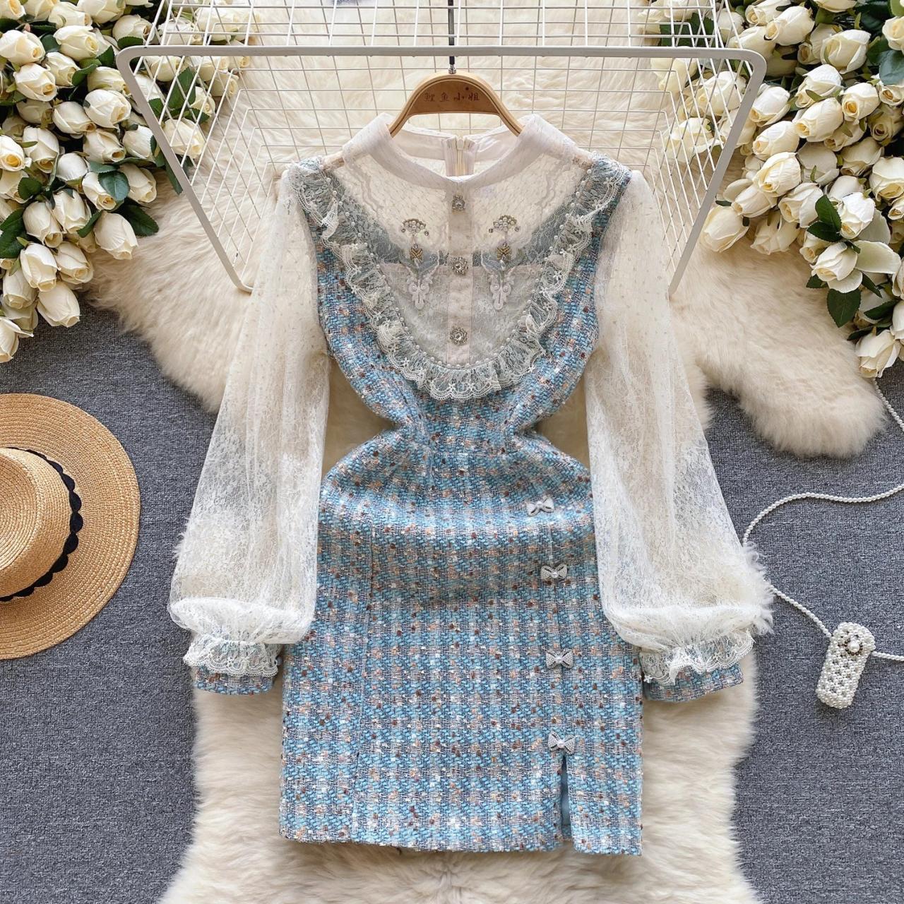 Vintage Lace Panel Long-sleeve Tweed Dress Set