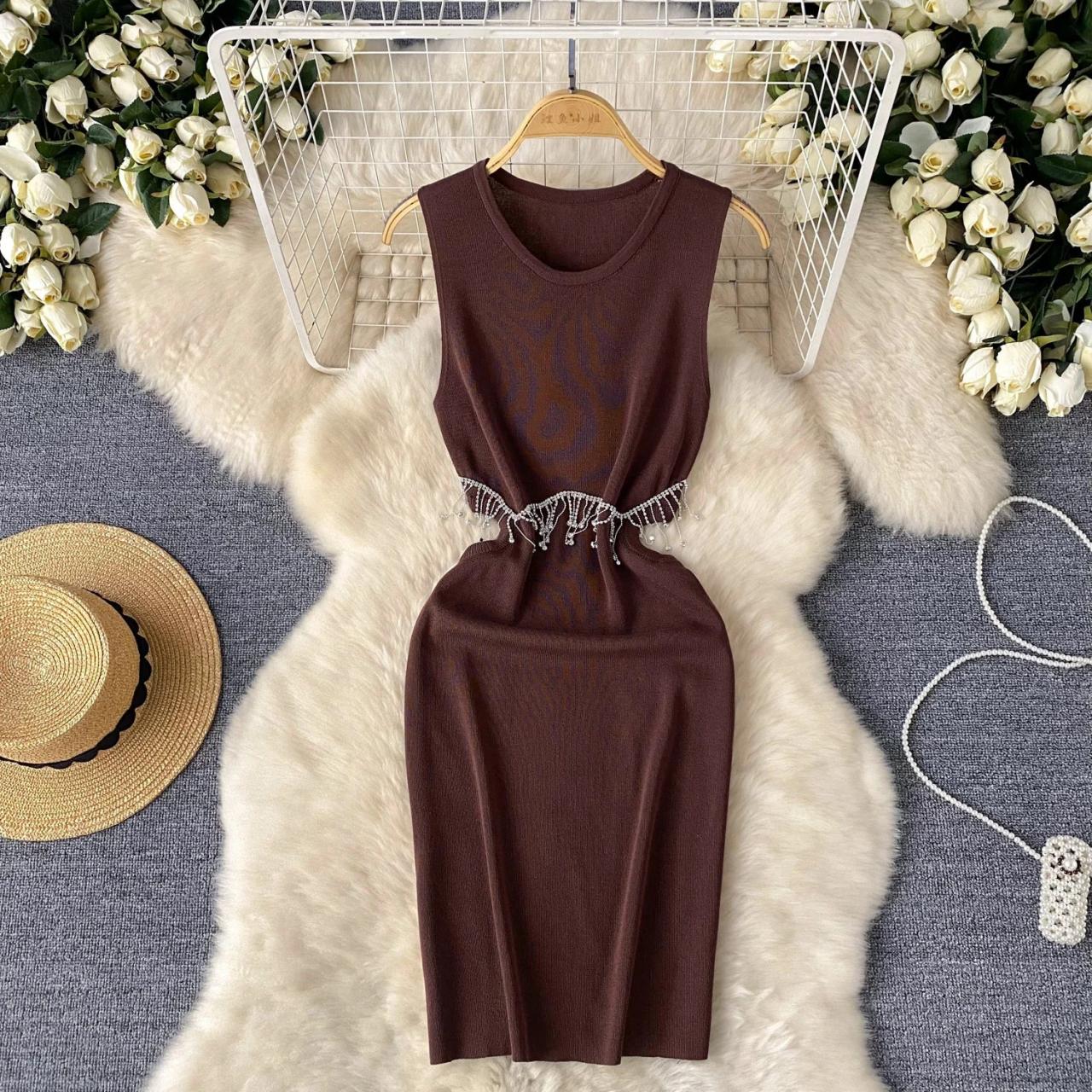 Chic Pink Sleeveless Dress With Rhinestone Belt on Luulla