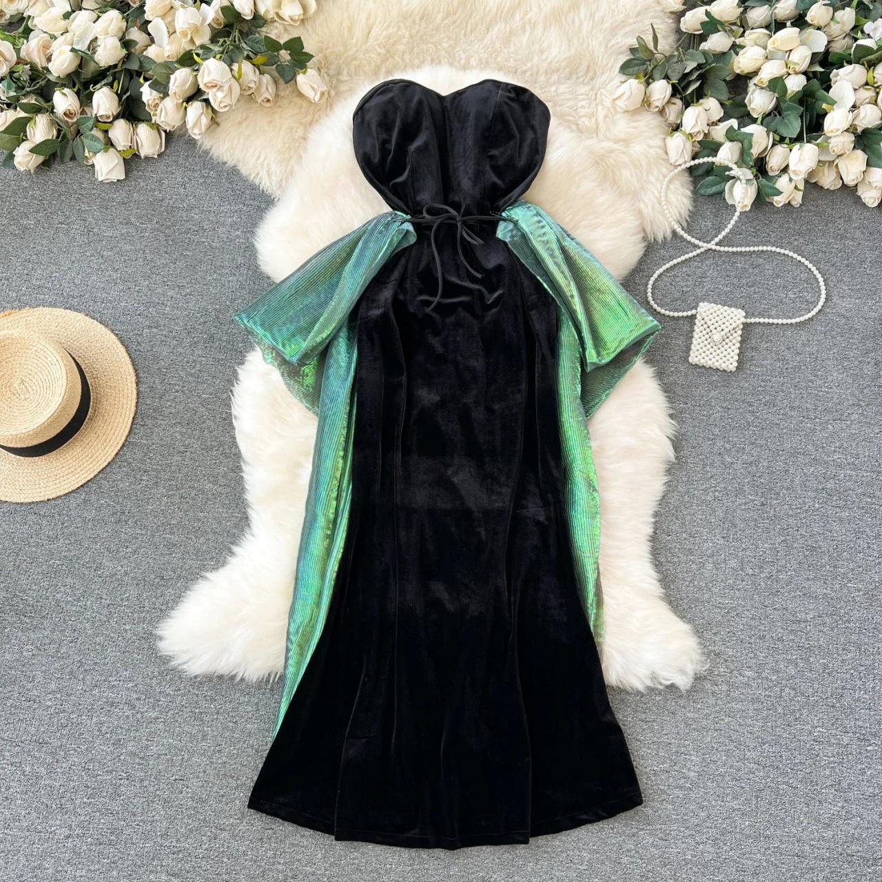 green velvet cape dress Velvet Satin Strapless Dress with Cape Green / FR 36