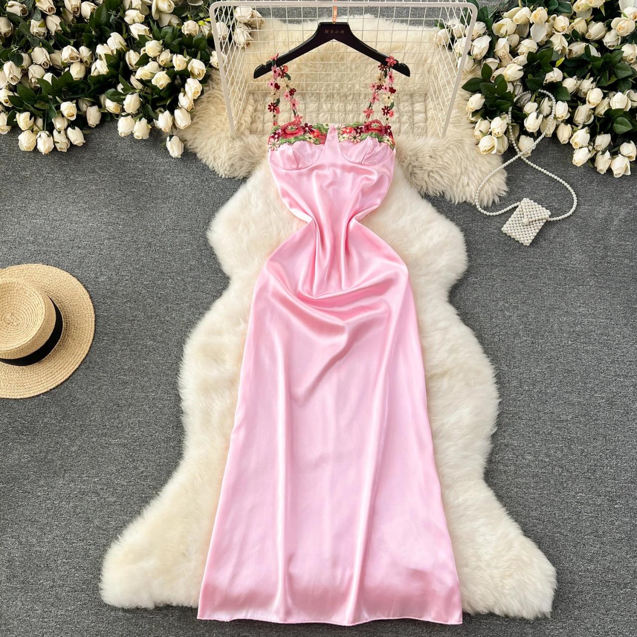 Satin Slip Dress With Floral Embroidered Straps on Luulla