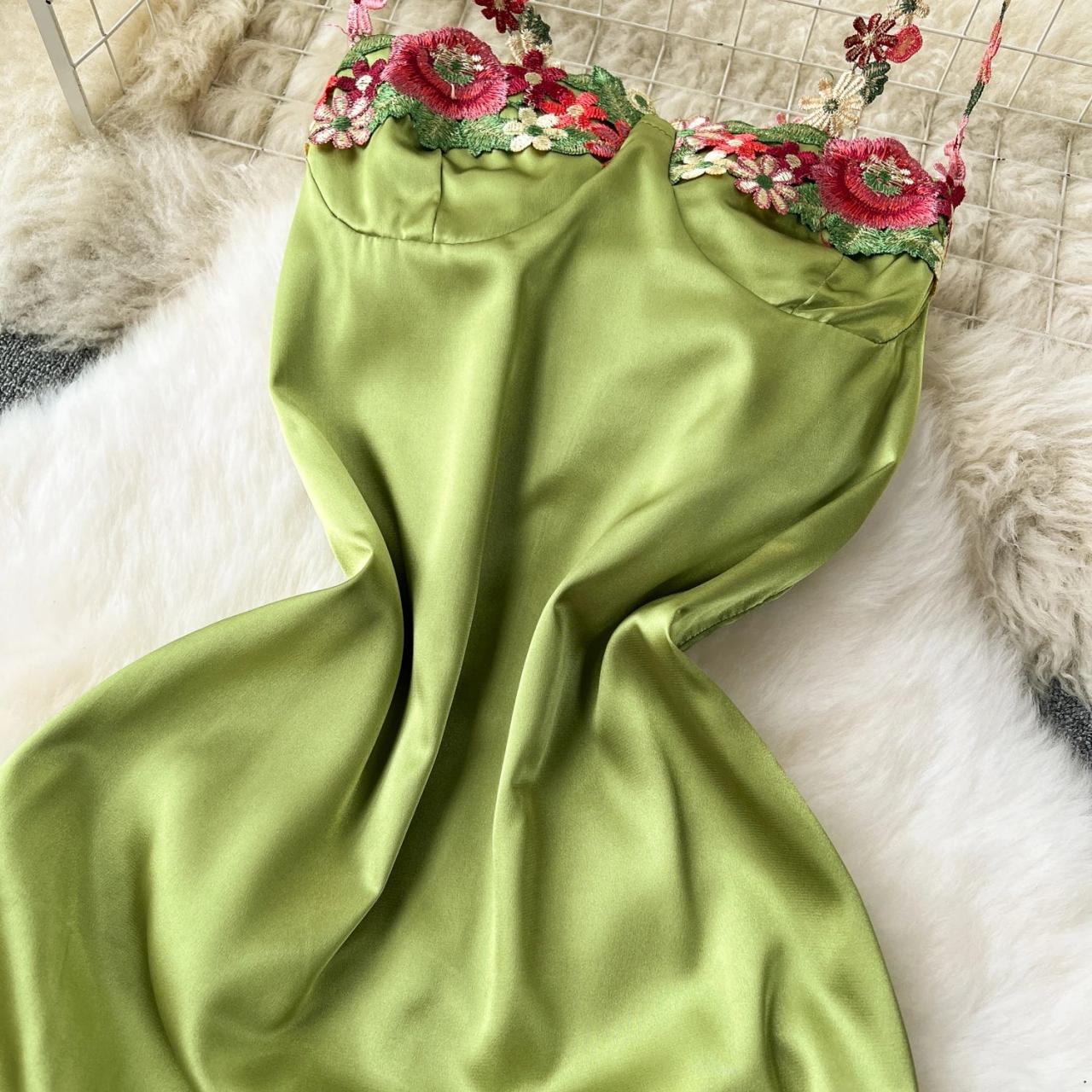 Satin Slip Dress With Floral Embroidered Straps on Luulla