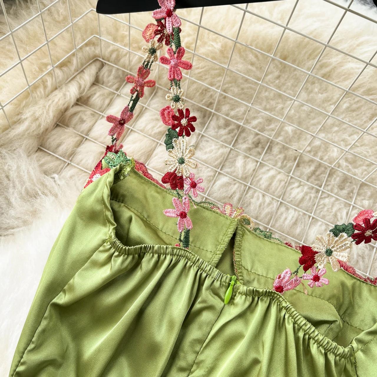 Satin Slip Dress With Floral Embroidered Straps on Luulla