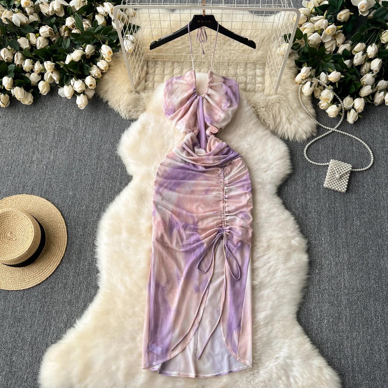 princess polly baby blue dress Pastel Tie-dye Ruched Bodycon Dress With Sash on Luulla