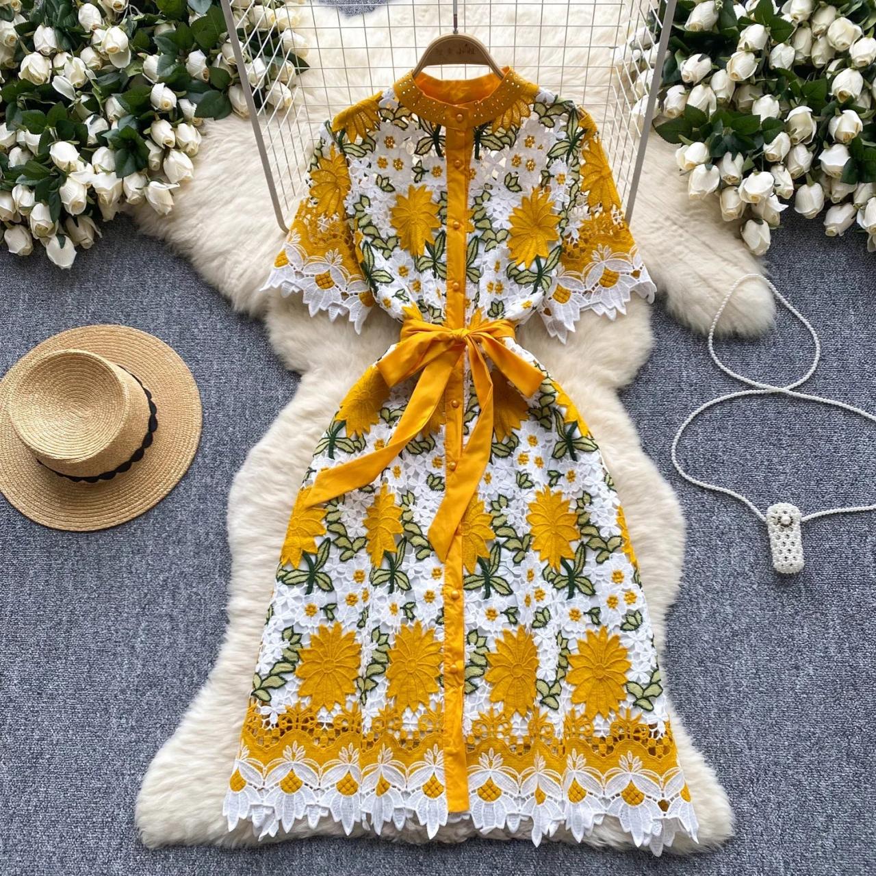 Floral Sunflower Dress With Lace Belt Design on Luulla
