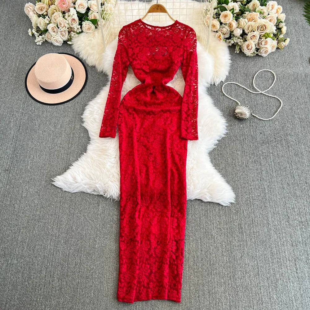 Stunning Red Lace Long Sleeve Evening Dress