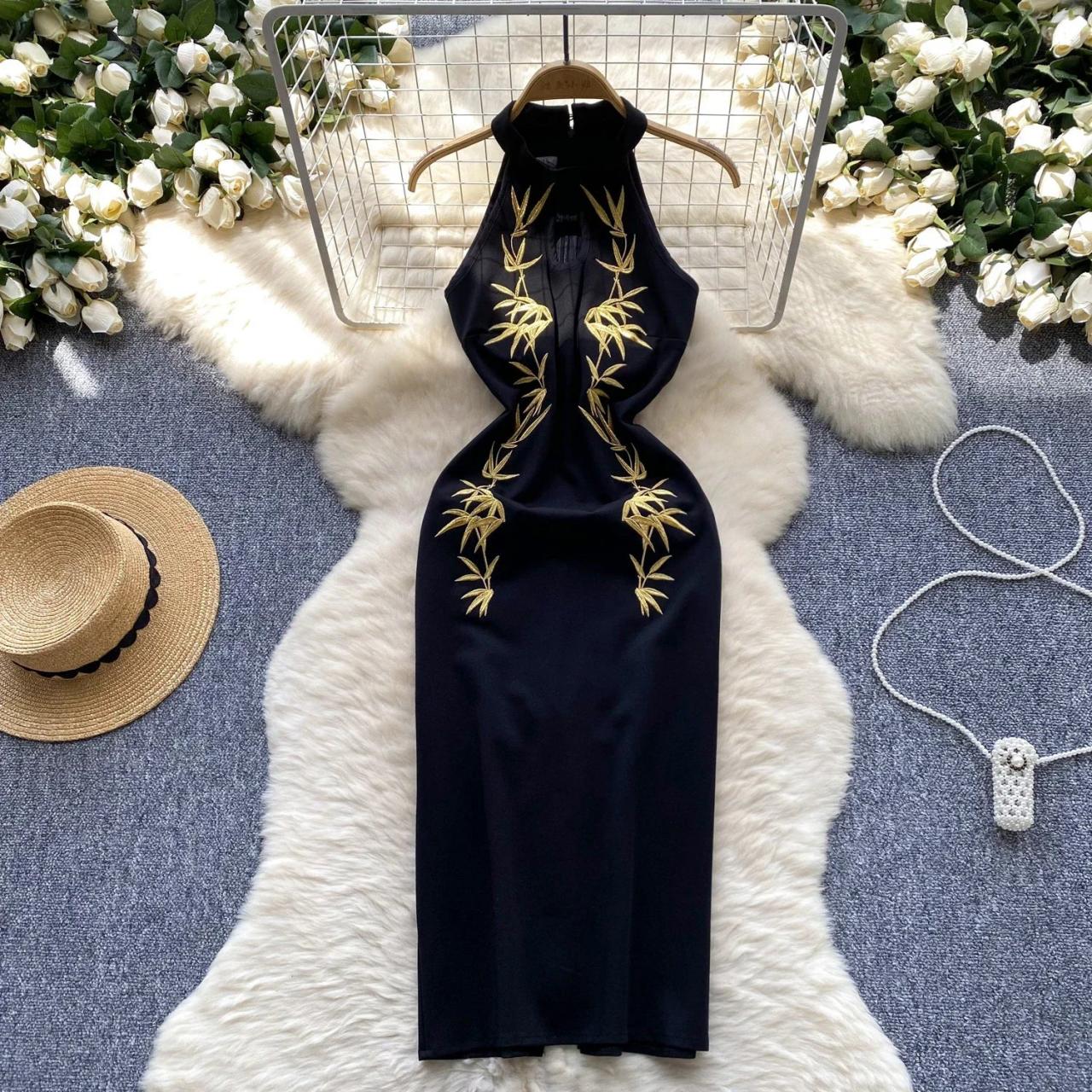 Black Halter Dress With Gold Embroidery Design on Luulla