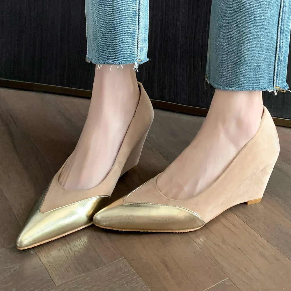 Womens Gold-tipped Beige Suede Wedge Pumps