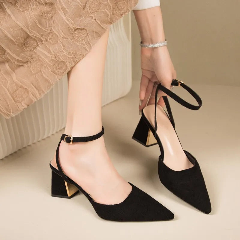 Womens Black Suede Ankle Strap Block Heels
