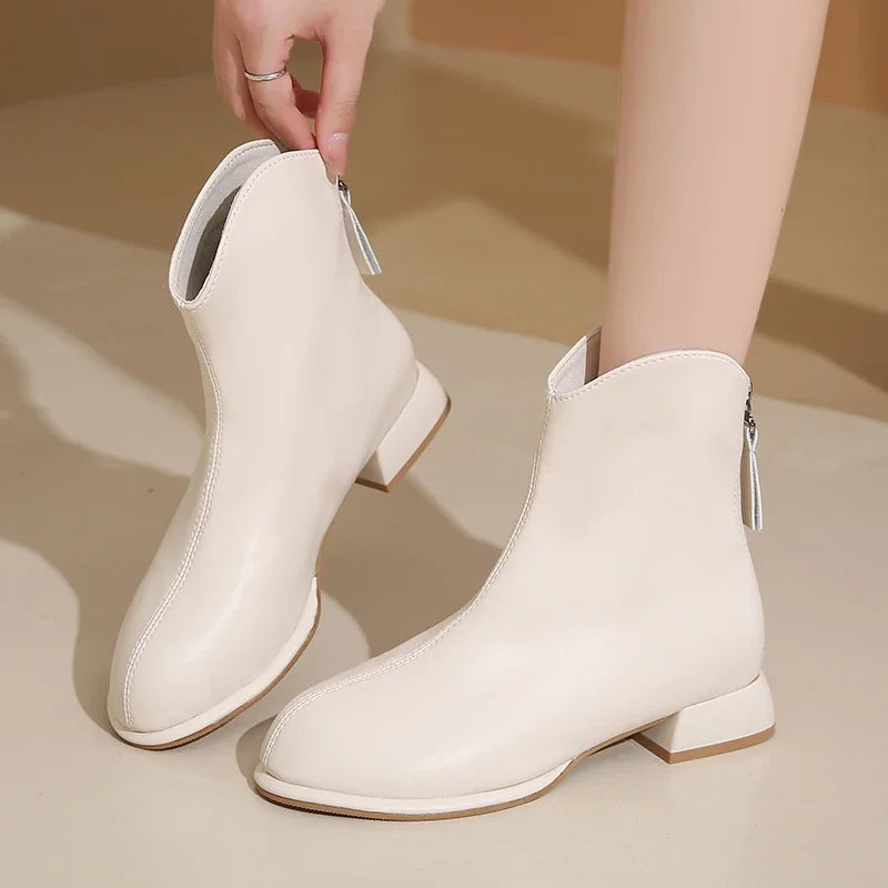 Cream Ankle Boots With Zipper And Chunky Heel