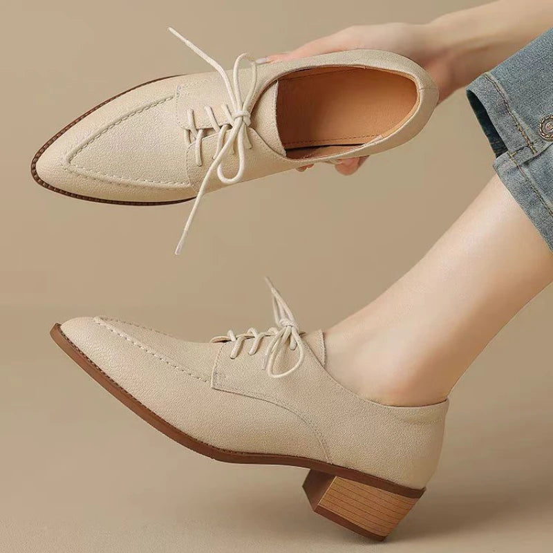 Womens Beige Canvas Pointed Lace-up Oxford Shoes on Luulla