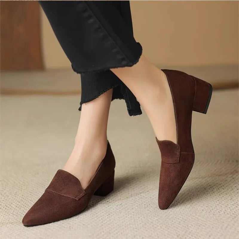 Stylish Brown Suede Low-block Heel Loafers on Luulla