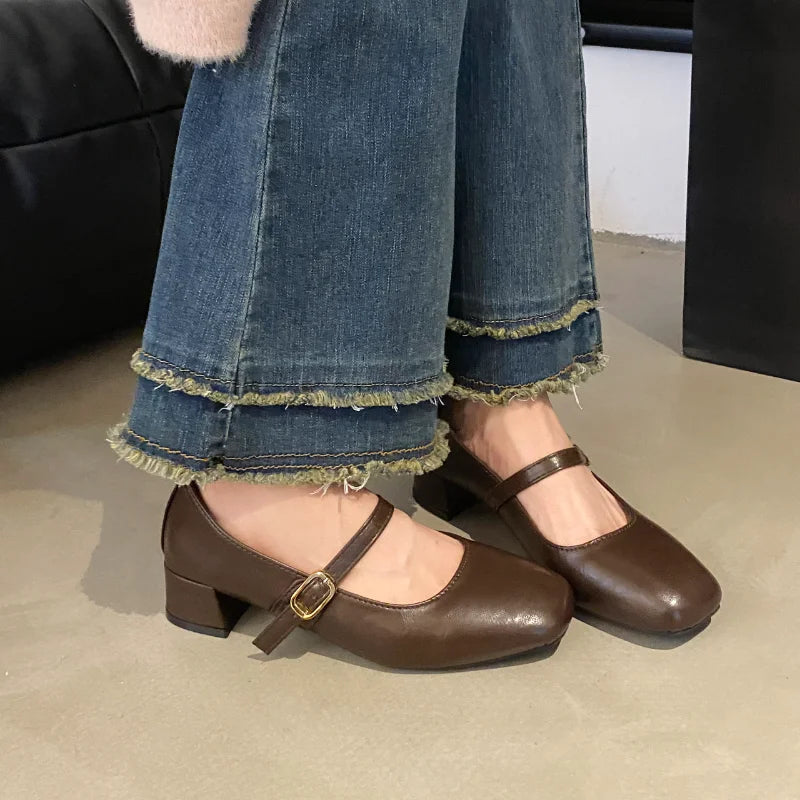 Brown Leather Low Heel Mary Jane Shoes