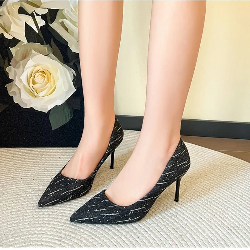 Black Glitter Pointed Toe High Heel Pumps on Luulla
