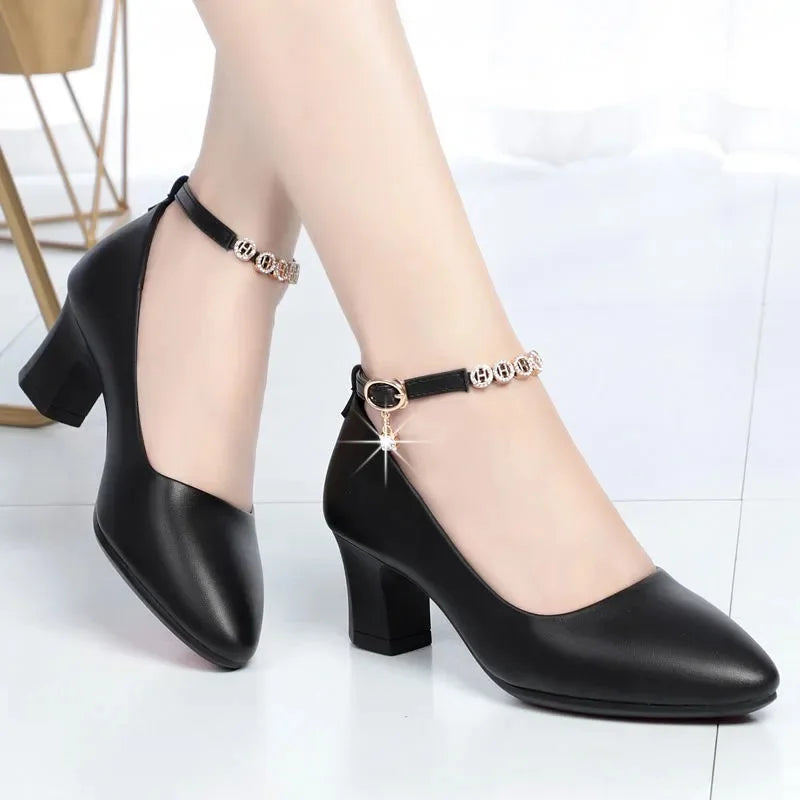Black Ankle Strap Block Heel Formal Shoes