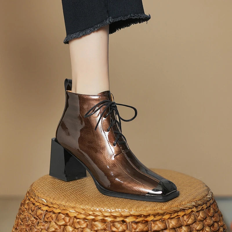 Glossy Brown Ankle Boots With Block Heels on Luulla