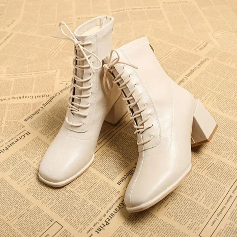 Womens Chunky Heel Lace-up White Ankle Boots on Luulla