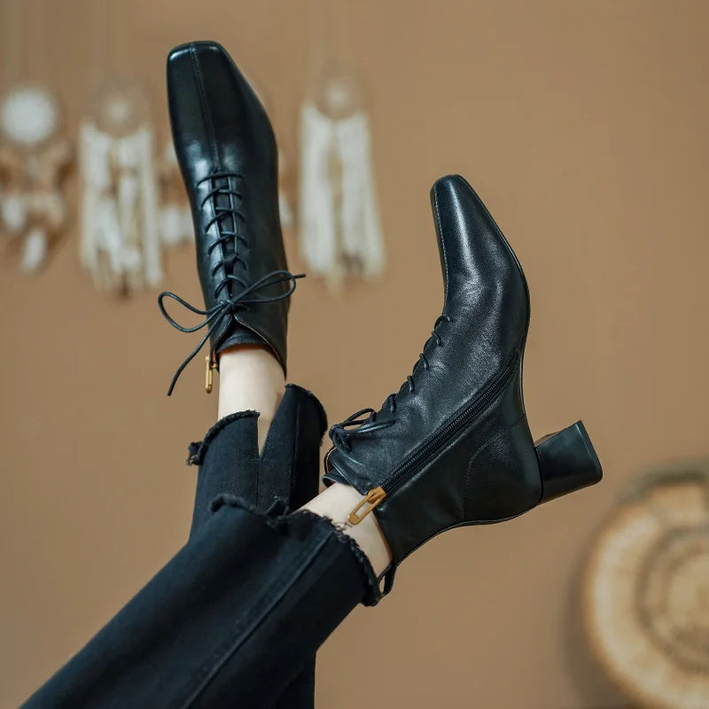 Womens Black Leather Lace-up Ankle Boots on Luulla