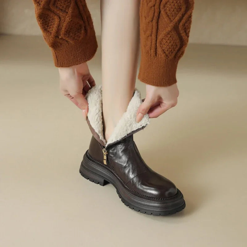 Womens Warm Lined Leather Ankle Boots Zipper