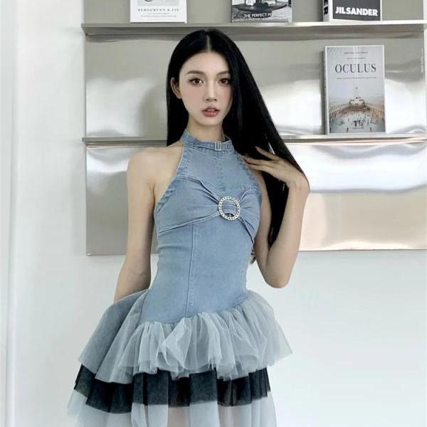 Denim Halter Dress With Flowy Tulle Skirt on Luulla