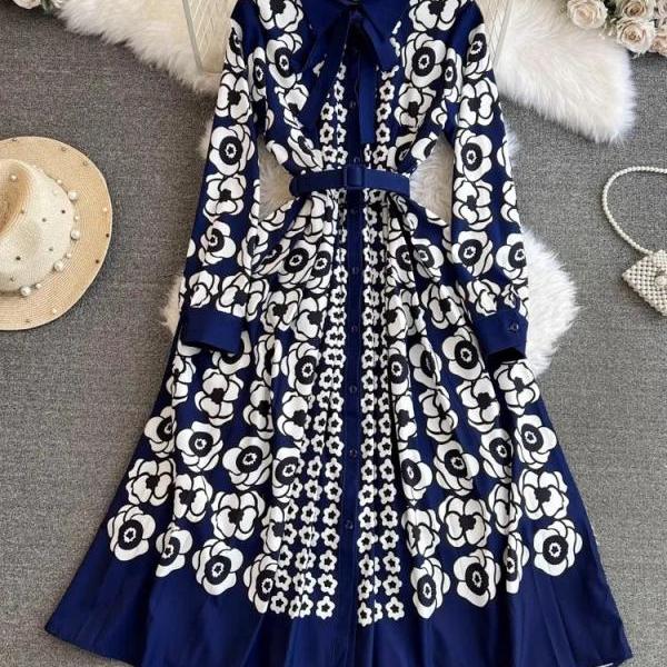 Navy Floral Pompom Midi Dress main image 1