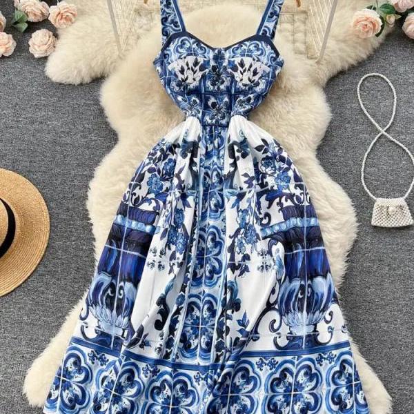 Blue Floral Pattern Midi Length Dress main image 0