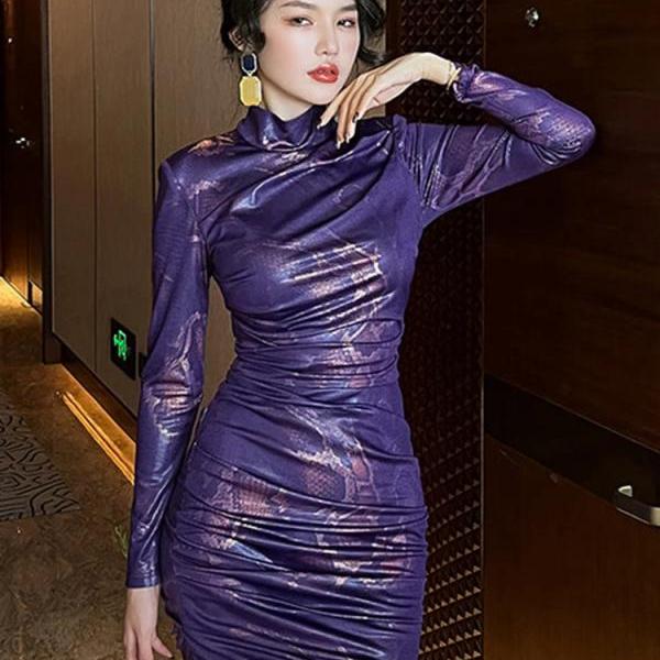 purple latex bodycon dress Sleek Ruched Metallic Purple Bodycon Party Dress