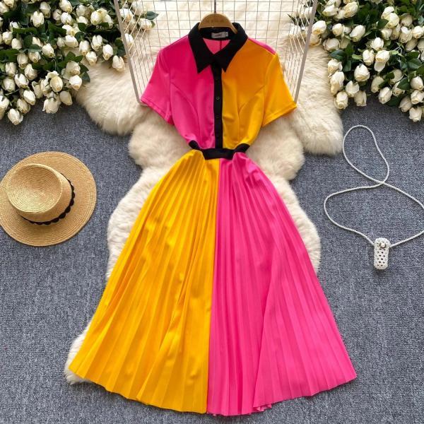 colorblock pleated midi dress Vibrant Color-block Pleated Midi Dress With Collar