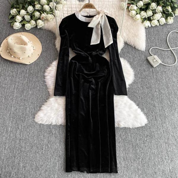 Velvet Long Sleeve Dress With Bow Accent
