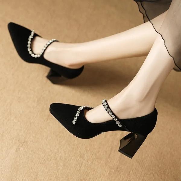 Black Velvet Heels With Rhinestone Strap Accent on Luulla