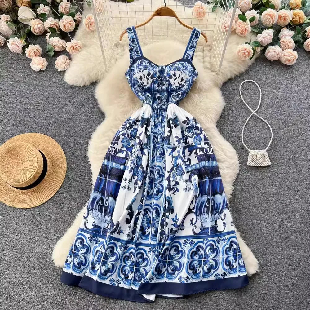 Elegant Blue Floral Print Summer Maxi Dress on Luulla