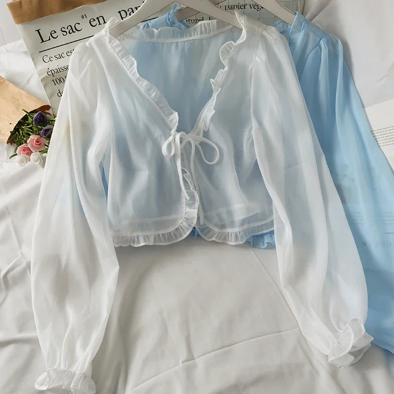 Sheer Long Sleeve Chiffon Ruffle Tie Blouse on Luulla