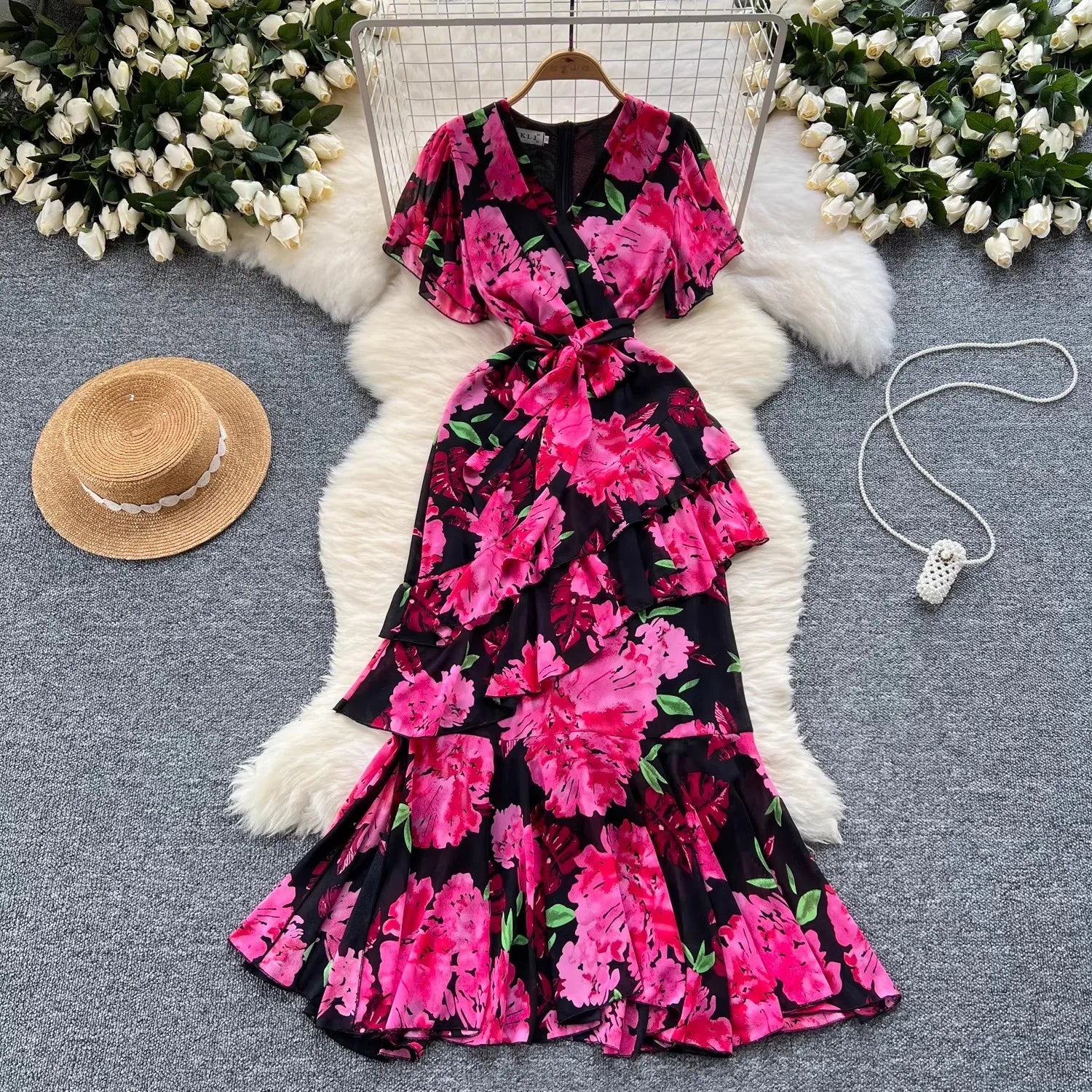 Ella Resort Flowy Long Sleeve Ruffle Floral Print Maxi Dress