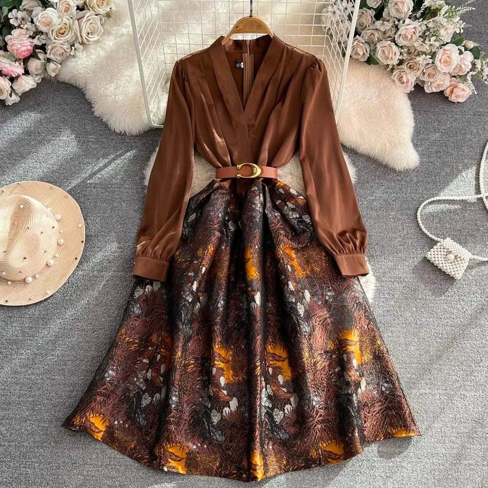 MH1684 Floral Print Long Stylish Elegant Dress with Belt