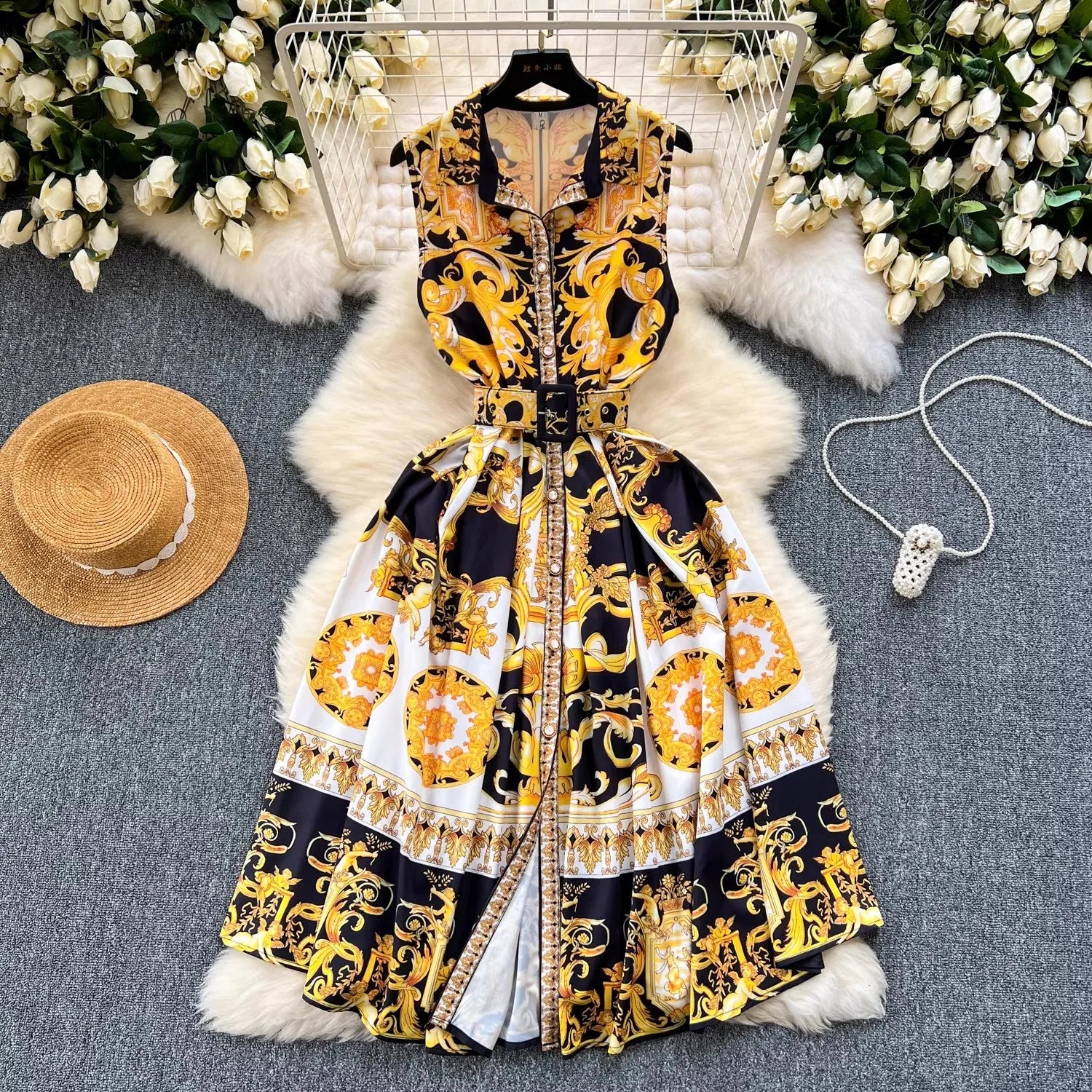 Baroque Shirred Top Midi Dress