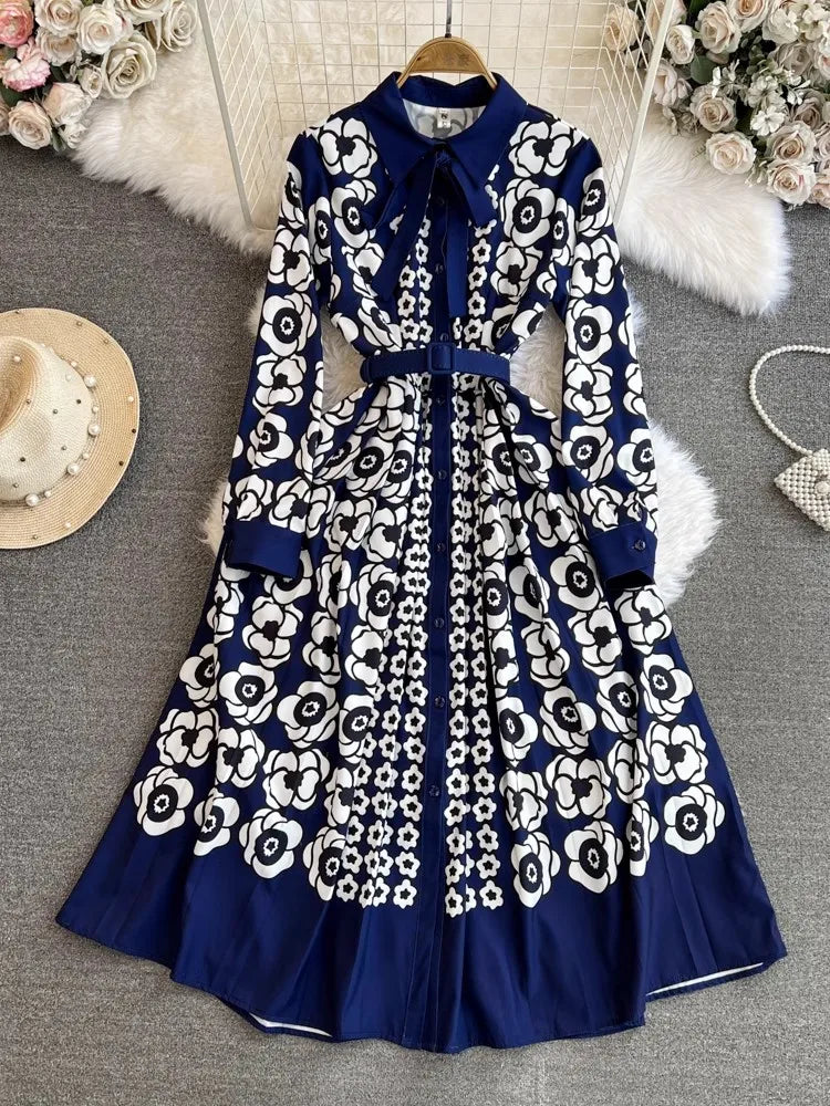 Elegant Navy Floral Long Sleeve Midi Dress on Luulla