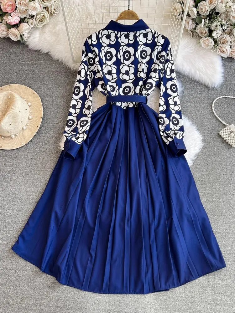 Elegant Navy Floral Long Sleeve Midi Dress on Luulla