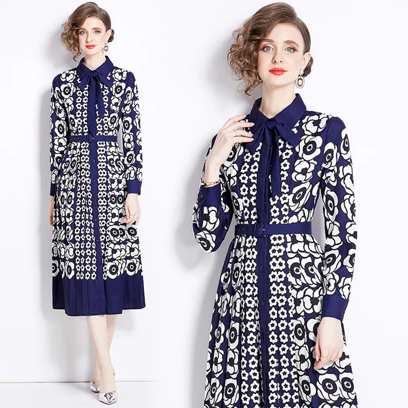 Elegant Navy Floral Long Sleeve Midi Dress on Luulla