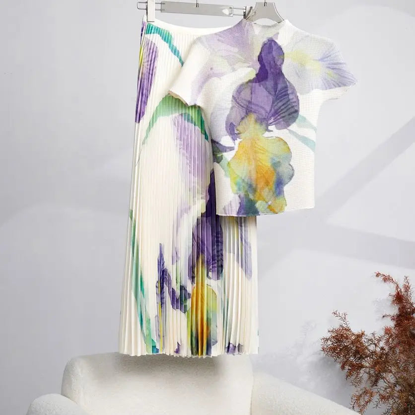 Floral Pleated Flourish Top Fit and Flare Midi Skirt 2 Piece Set main image 1