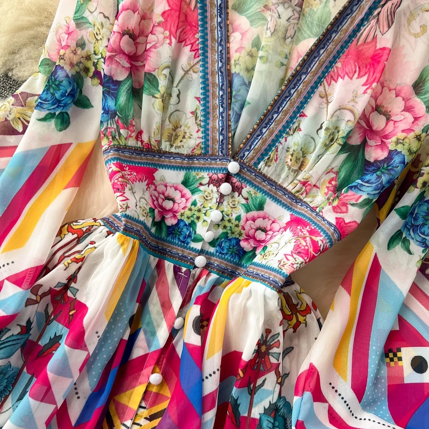 Floral Print Bohemian Long Sleeve Maxi Dress