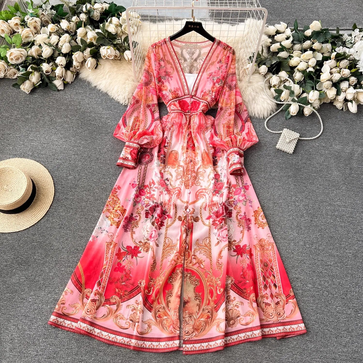 Trend4us Elegant Floral Mesh Draped Long Sleeve Maxi Dress main image 0