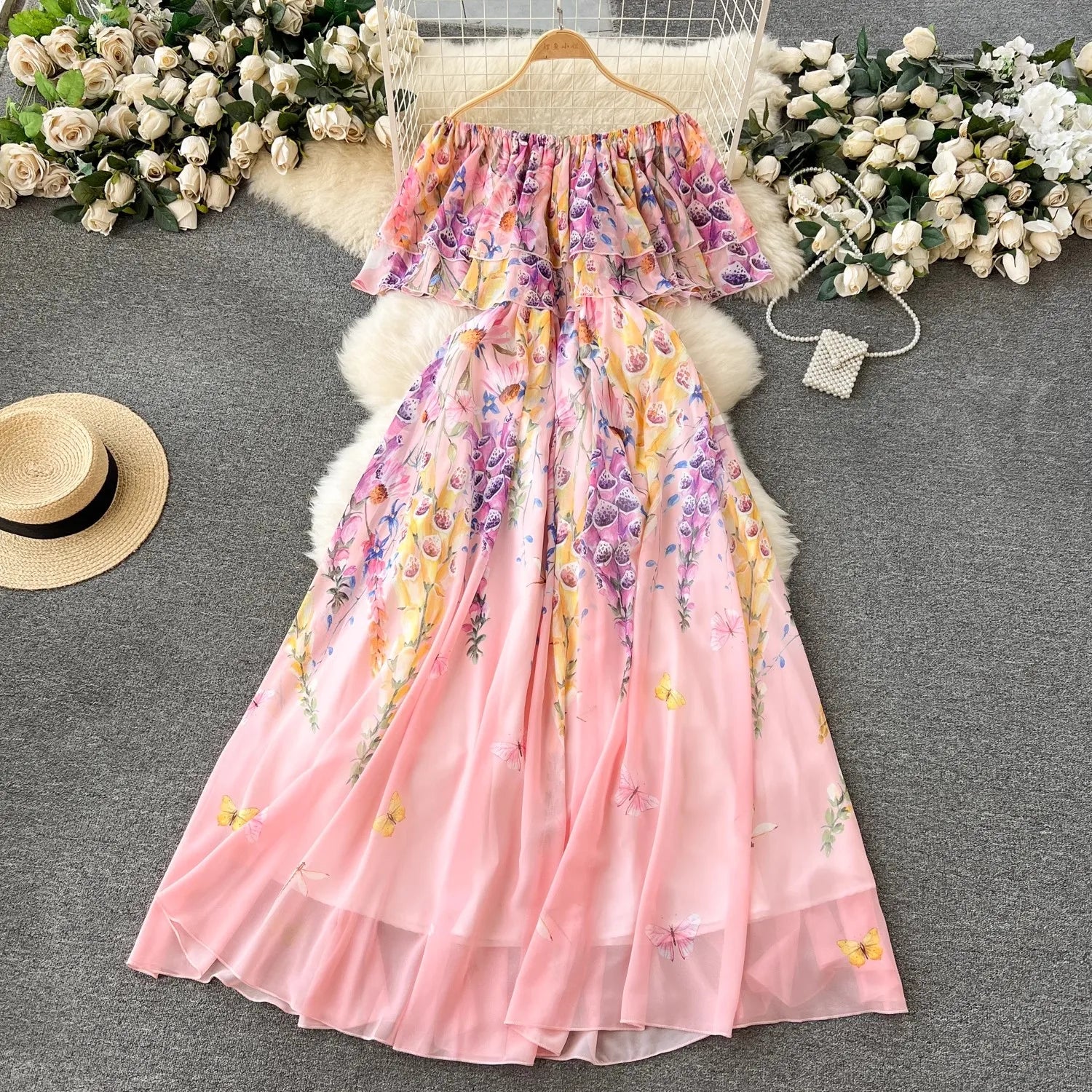 Floral Pink Off-shoulder Ruffle Maxi Dress on Luulla
