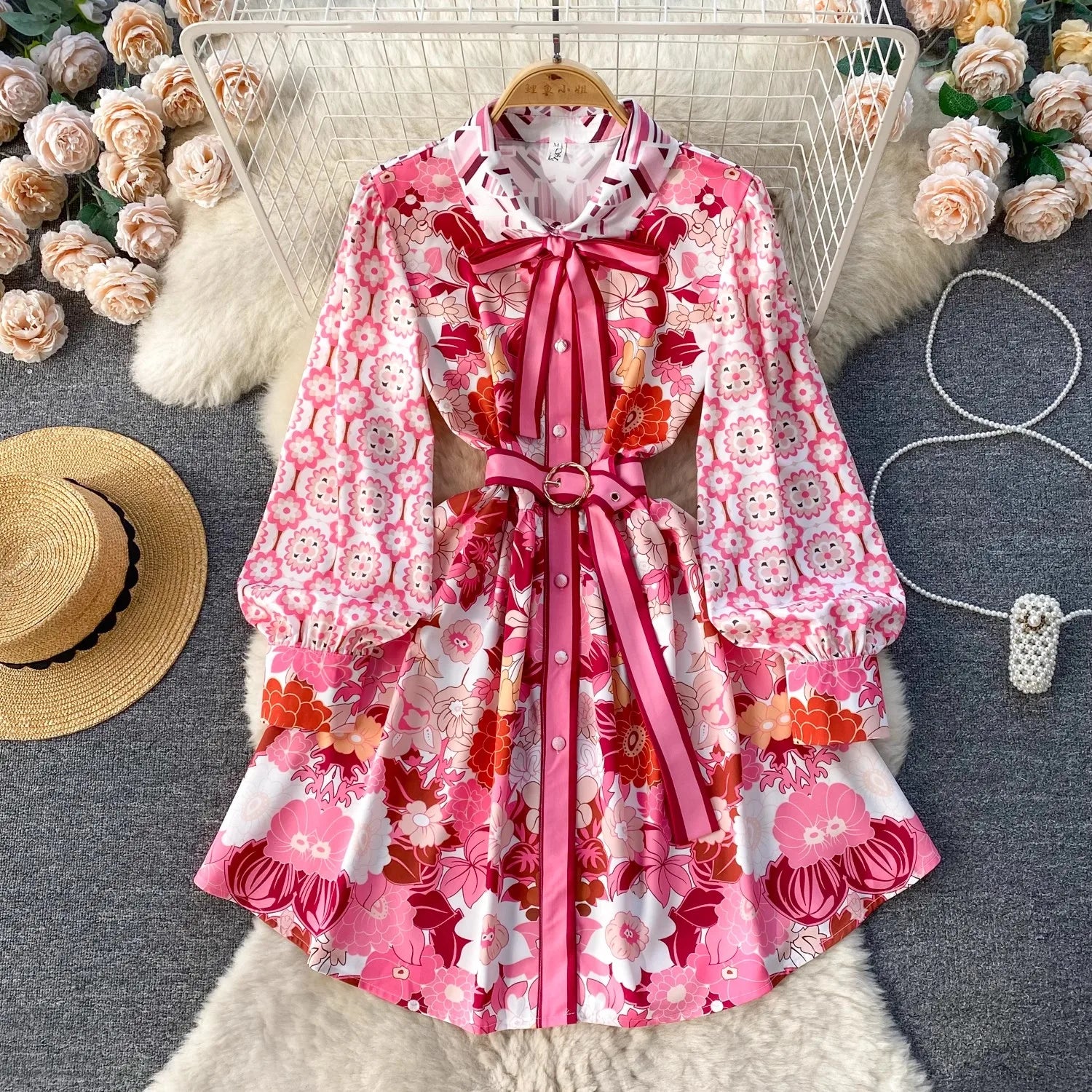 Via Collared Floral Belted Shirt Dress main image 0