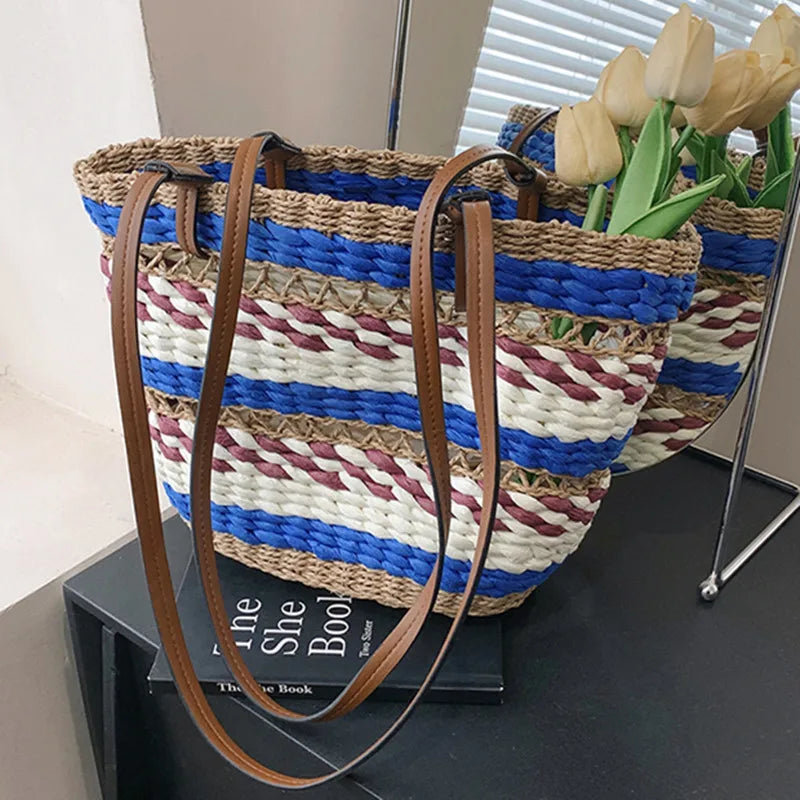 Striped Woven Straw Tote Bag With Leather Straps on Luulla