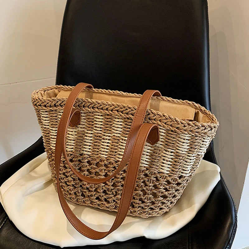 Handwoven Straw Tote Bag With Leather Straps on Luulla