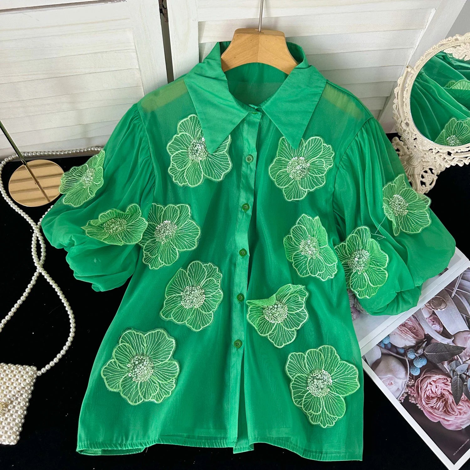 Green embroidered round neck with elbow sleeve shimmer blouse main image 0