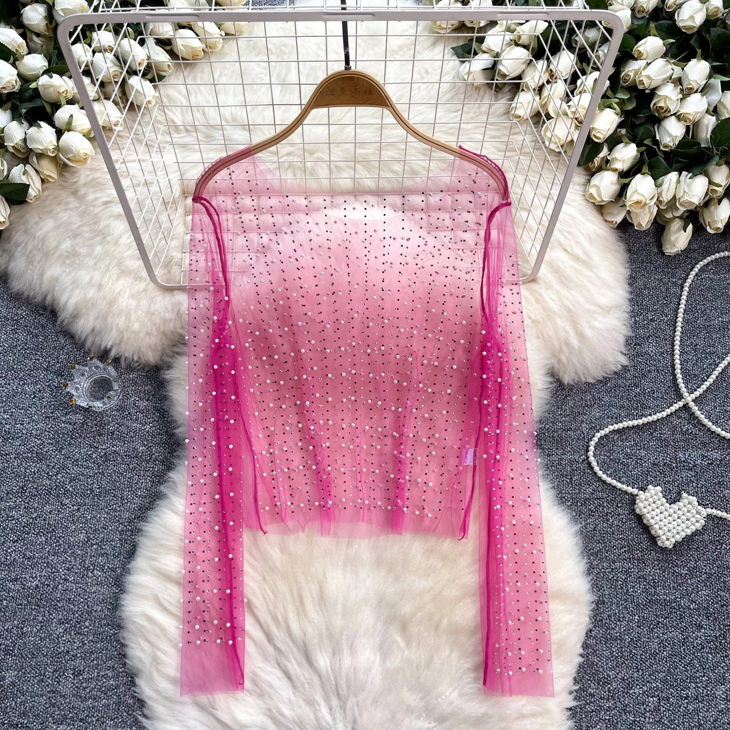 Pink Sheer Rhinestone Long Sleeve Crop Top on Luulla