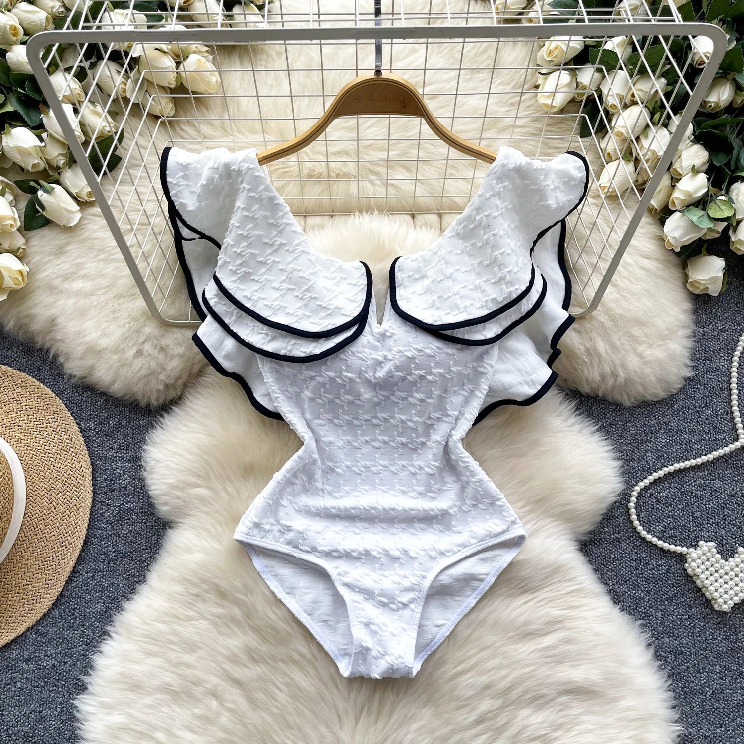 Elegant White Ruffled One-piece Swimsuit For Women on Luulla