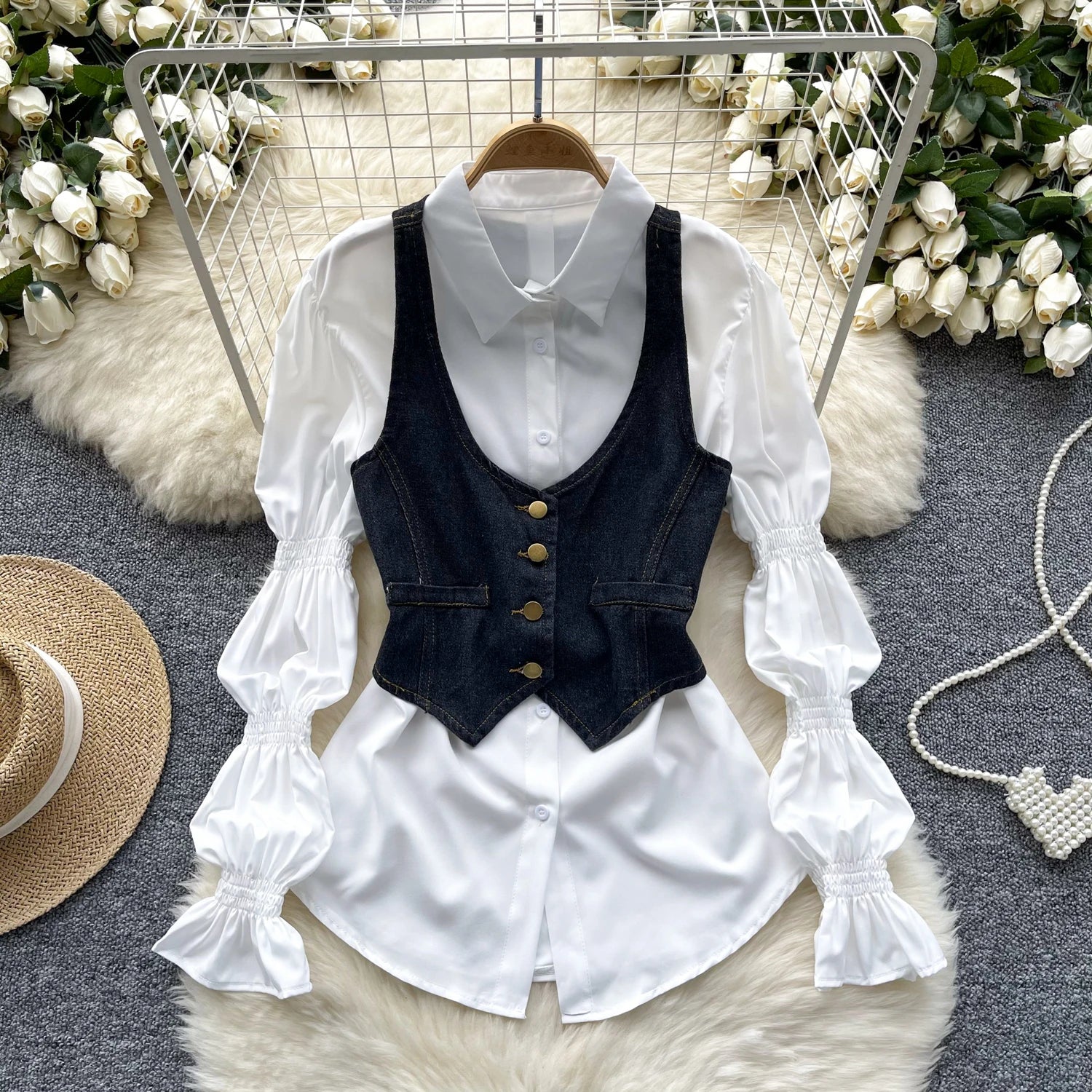 Elegant Ruffled Sleeve White Shirt Denim Vest on Luulla