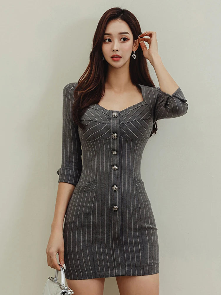 Metal Button Pinstripe Shirt Dress