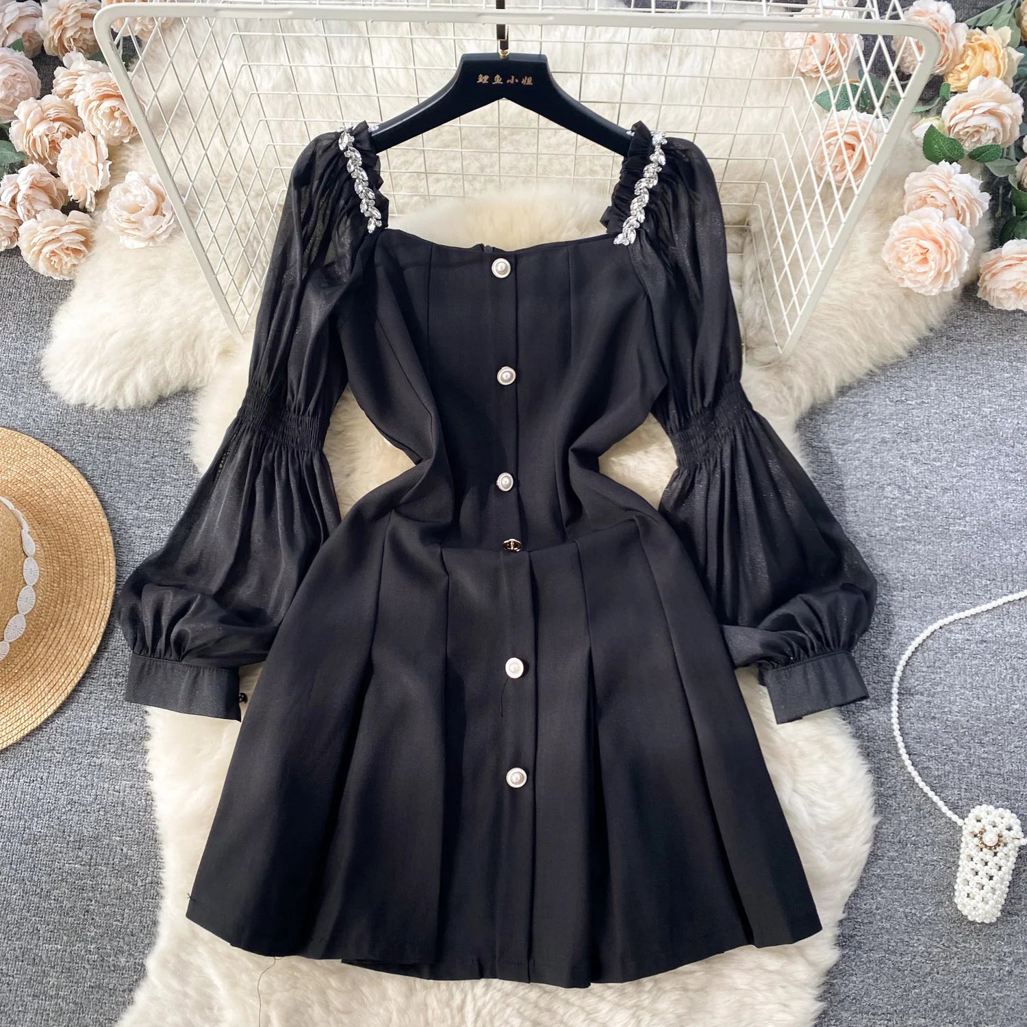 Elegant Button-front Dress With Puff Sleeves on Luulla